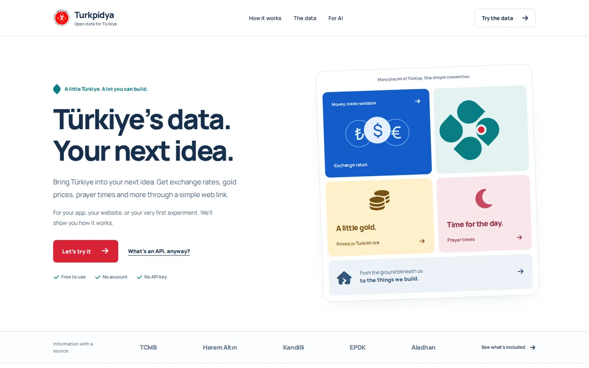 Turkpidya developer page offering Türkiye data through a simple web link