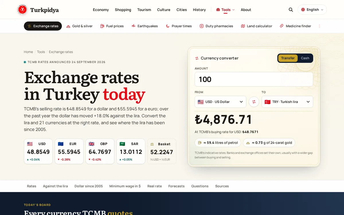 Turkpidya exchange rates tool with TCMB rates for major currencies and a transfer and cash converter
