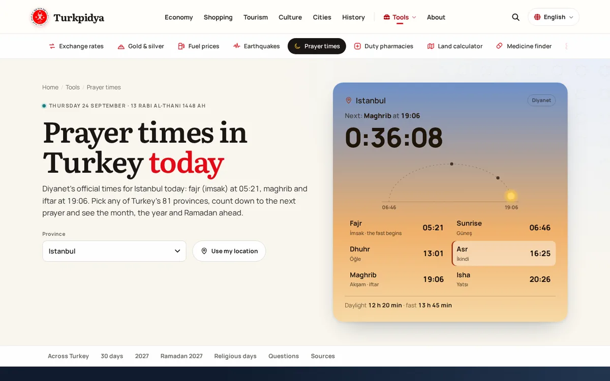 Turkpidya prayer times tool with a countdown to the next prayer and the day’s times for Istanbul